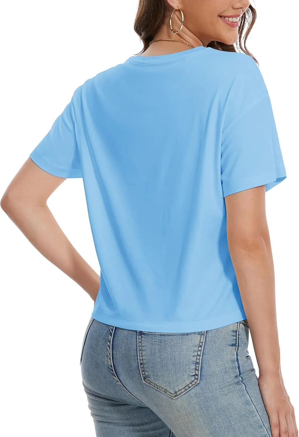YUCOLEN Women's Crop Tops Summer Short Sleeve Cotton UPF 50  Round Neck Casual Loose Cropped T-Shirts Solid Basic Tees