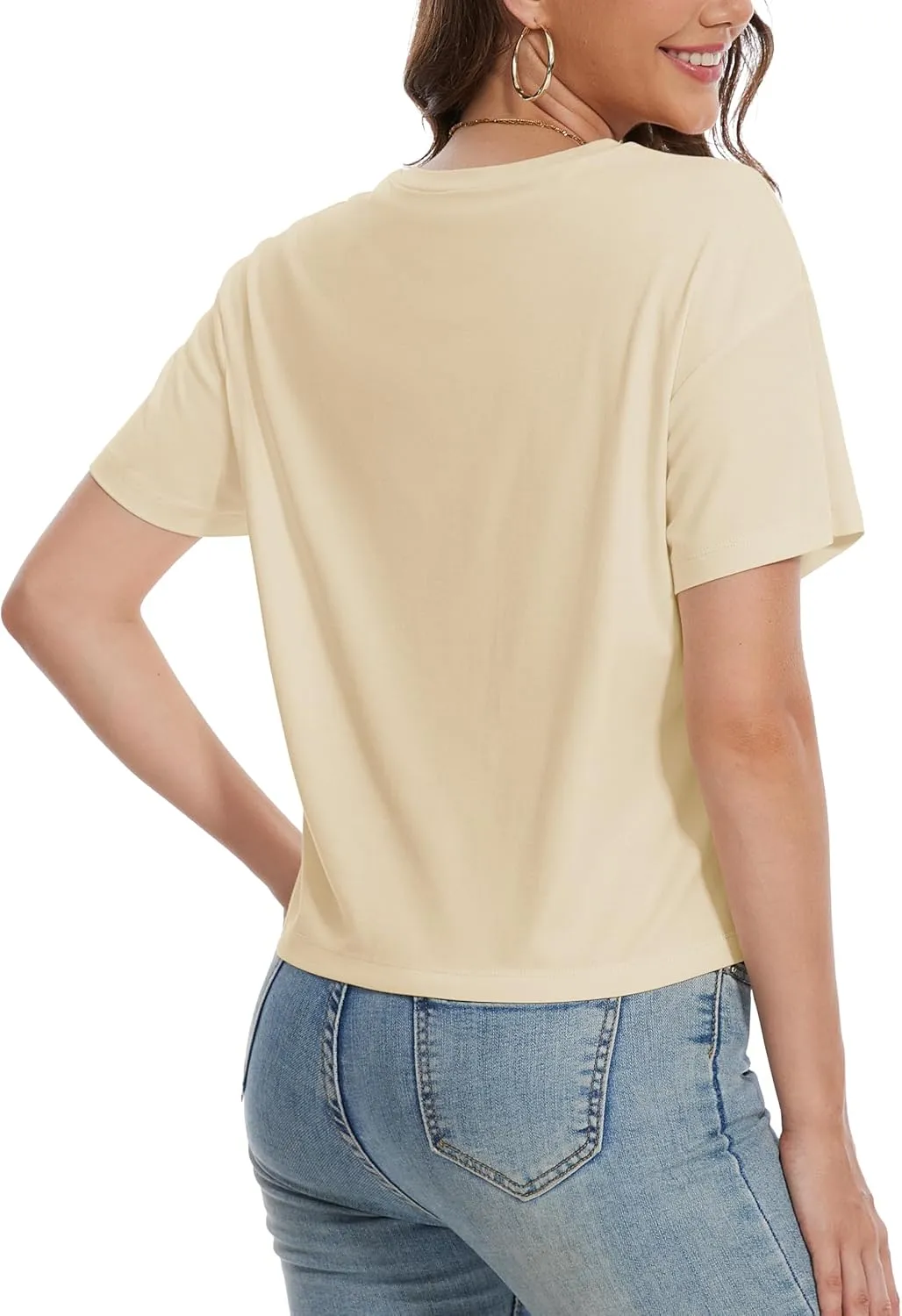 YUCOLEN Women's Crop Tops Summer Short Sleeve Cotton UPF 50  Round Neck Casual Loose Cropped T-Shirts Solid Basic Tees
