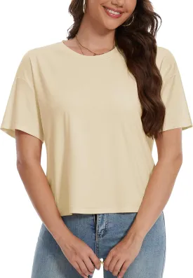 YUCOLEN Women's Crop Tops Summer Short Sleeve Cotton UPF 50  Round Neck Casual Loose Cropped T-Shirts Solid Basic Tees