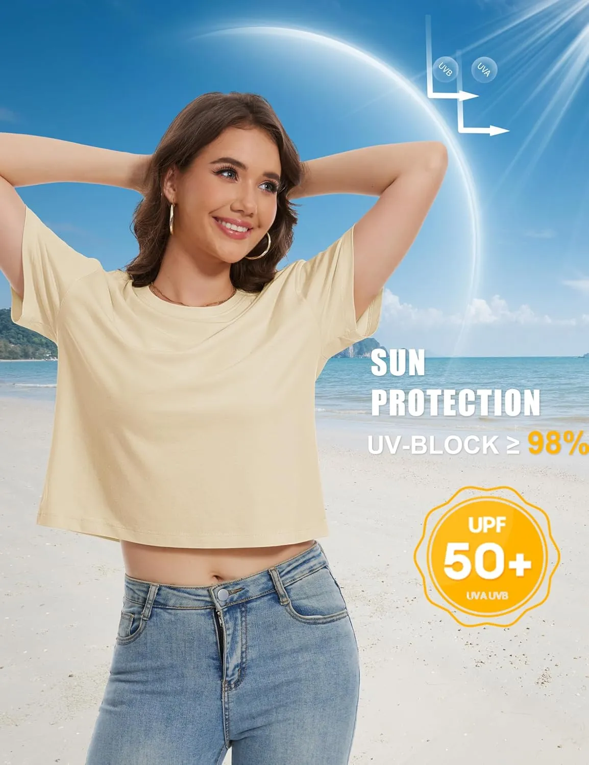 YUCOLEN Women's Crop Tops Summer Short Sleeve Cotton UPF 50  Round Neck Casual Loose Cropped T-Shirts Solid Basic Tees
