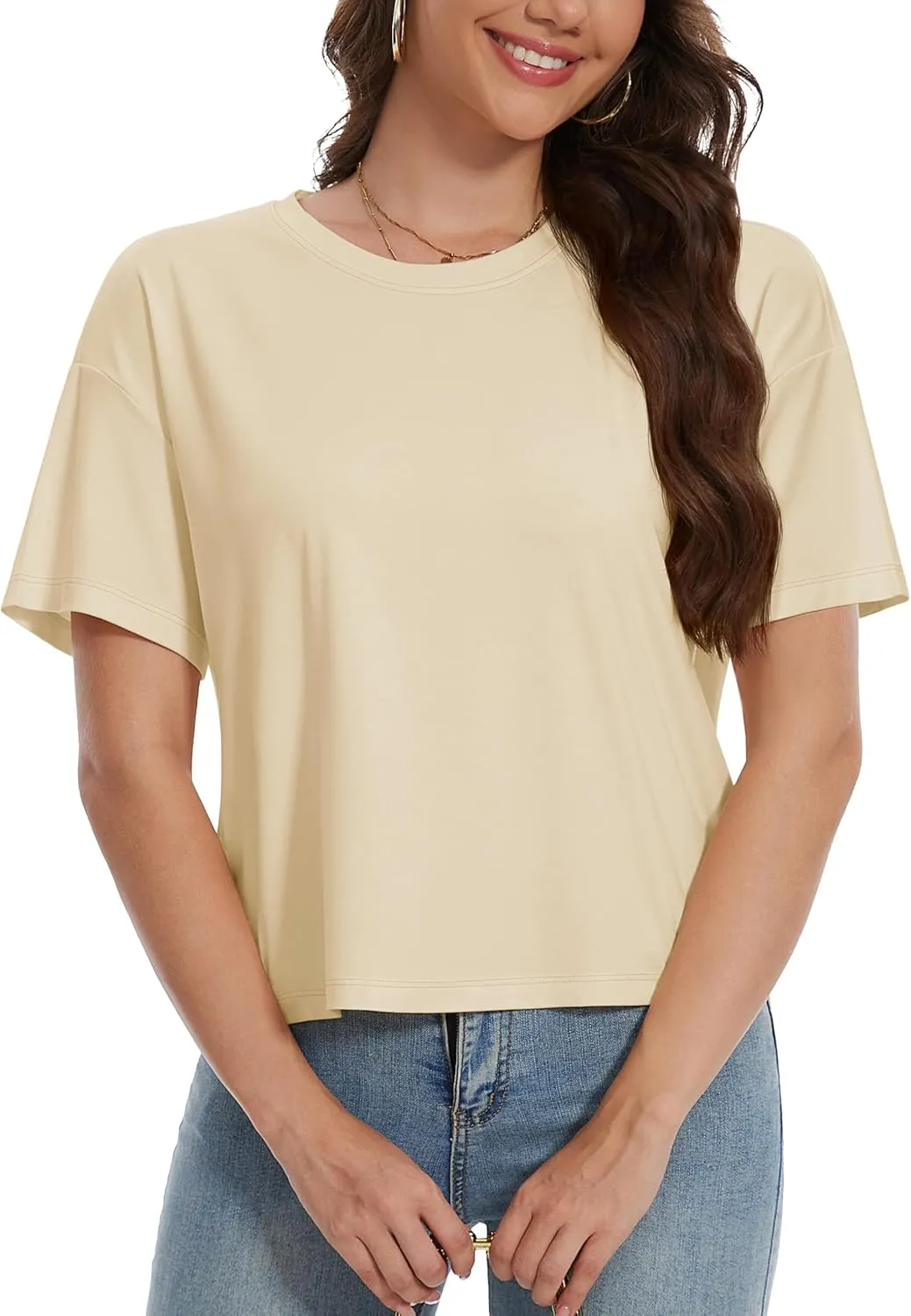 YUCOLEN Women's Crop Tops Summer Short Sleeve Cotton UPF 50  Round Neck Casual Loose Cropped T-Shirts Solid Basic Tees