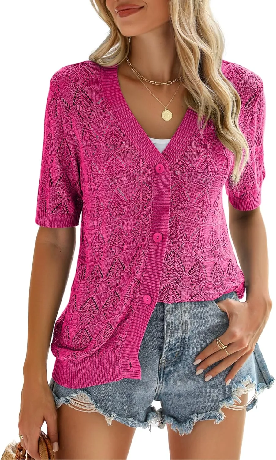 Zeagoo Women's Short Sleeve 2025 Summer Crochet Cropped Cardigan V Neck Button up Bolero Shrug Sweater