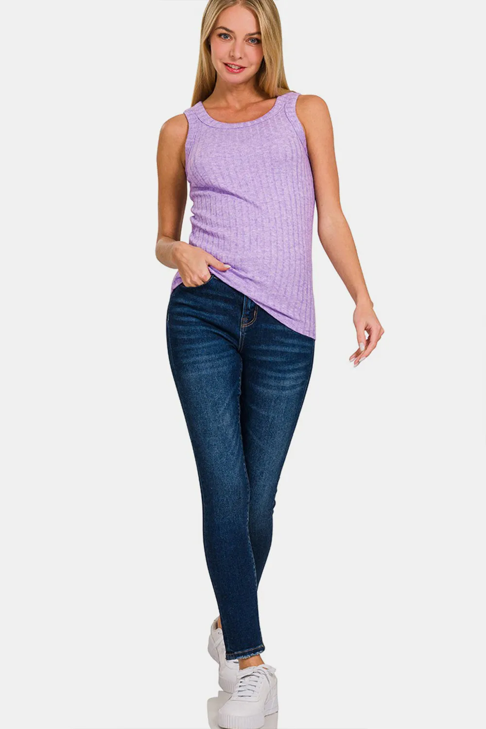 Zenana Ribbed Round Neck Tank in Lavender